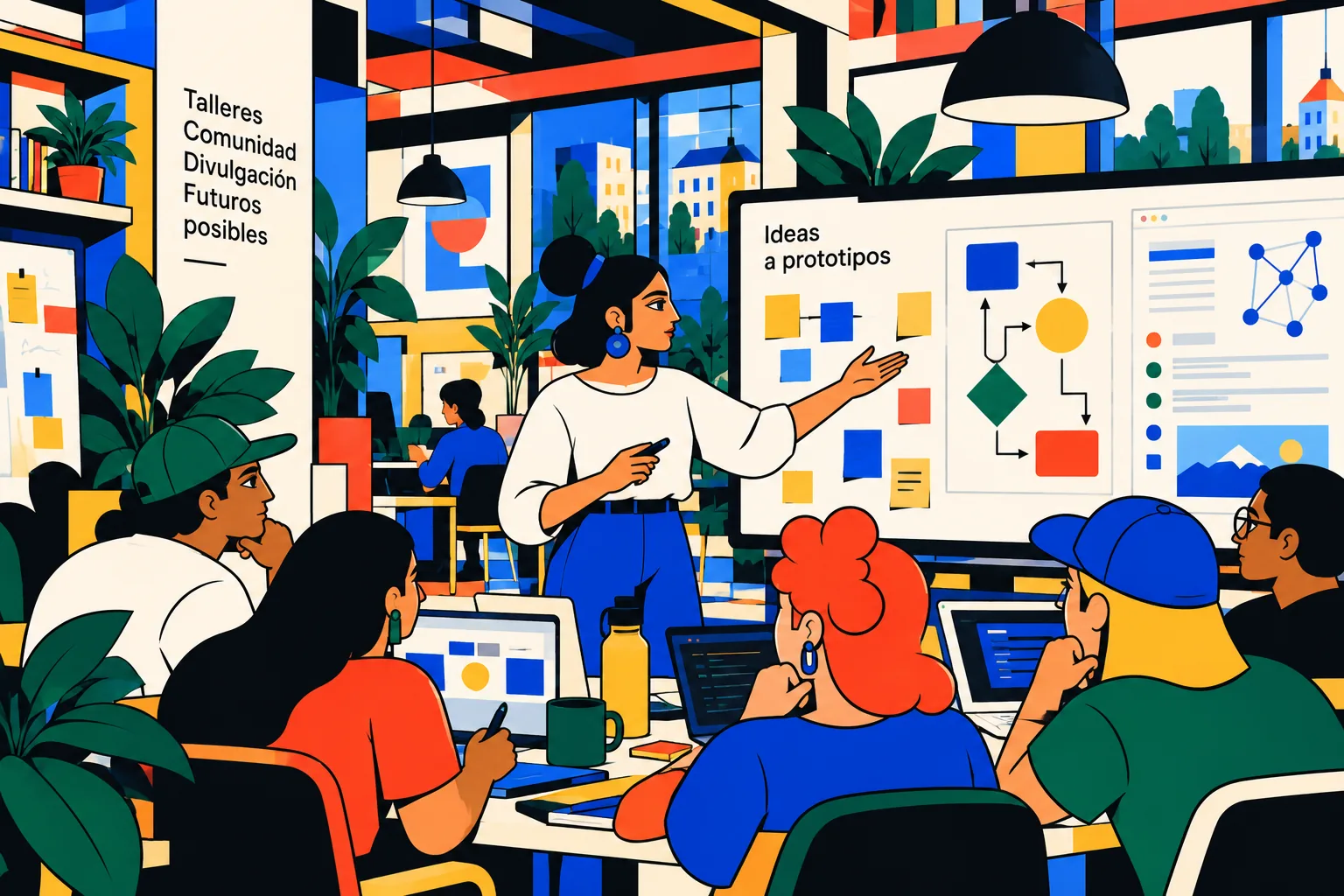 Una facilitadora frente a una pizarra con diagramas guía a un grupo que trabaja con computadores en un espacio luminoso