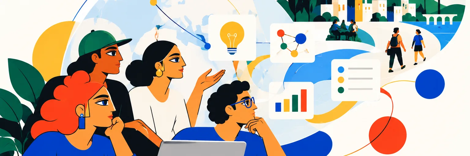 Cuatro personas frente a un computador miran ideas que flotan: una ampolleta, un diagrama, un gráfico y un paisaje con ciudad y energía limpia