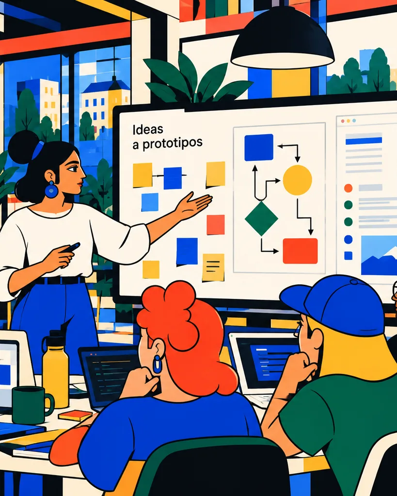 Una facilitadora explica un diagrama en una pizarra a un grupo que trabaja con computadores en un taller